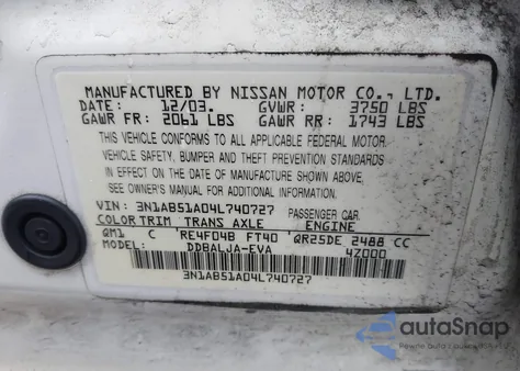 2004 Nissan Sentra 2.5S from USA, damaged, VIN 3N1AB51A04L740727